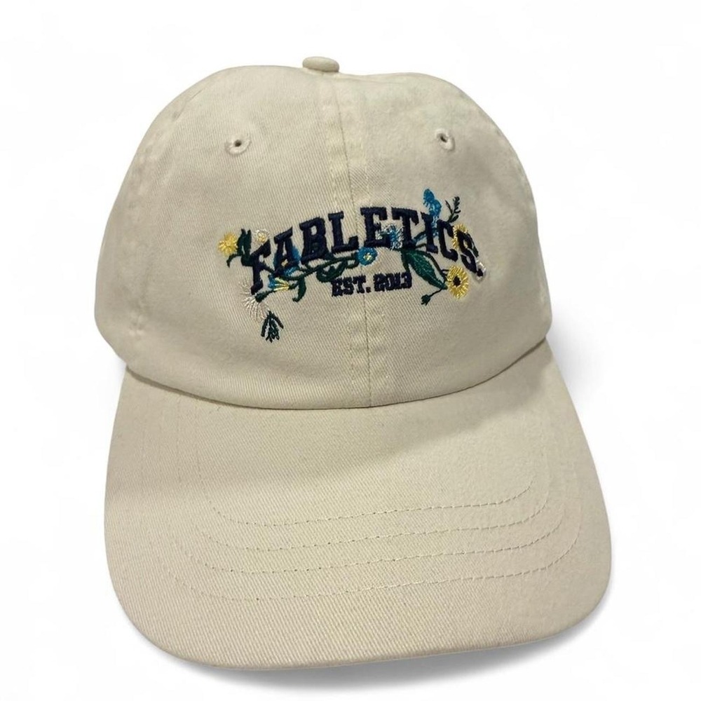 Fabletics Mens Floral Embroidered Baseball Cap Cream Beige Adjustable Hat Cotton